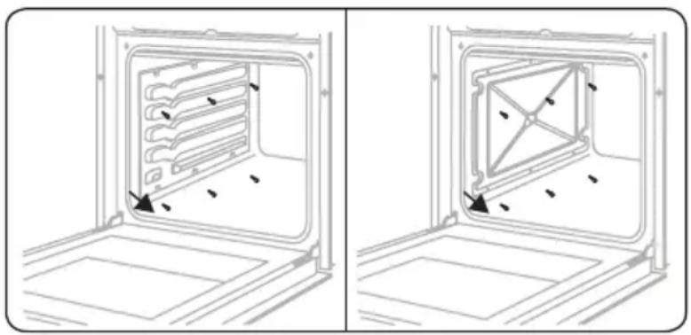 Technical line drawing showing two views of a kitchen oven with internal compartments and mounting base (no text or symbols)