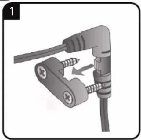 Close-up of a cable being inserted into two connected components, showing screw fasteners and a directional arrow (no text or symbols)