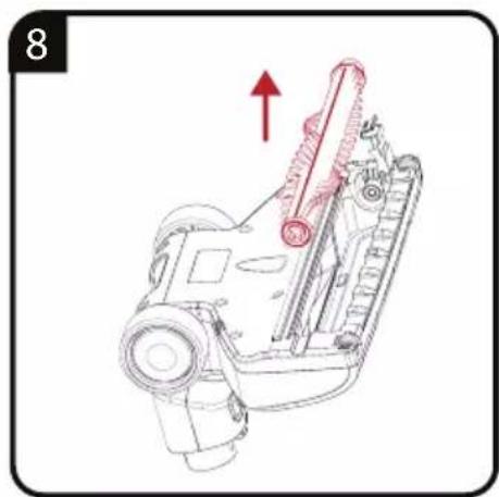 Technical line drawing of a mechanical device with a red arrow indicating direction (no text or symbols)