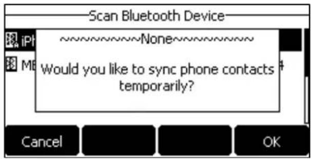 Scan Bluetooth Device IP M8 ~~~~~~None~~~~~~ Would you like to sync phone contacts temporarily? Cancel OK