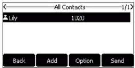 All Contacts — 1/1> Lily 1020 Back Add Option Send