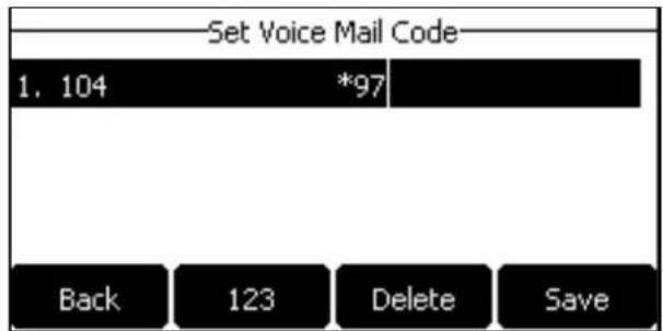 Set Voice Mail Code 1. 104 *97 Back 123 Delete Save
