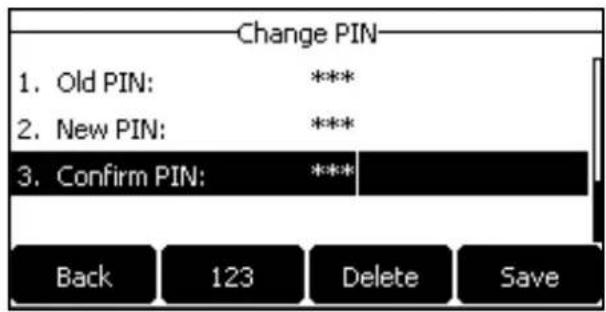Change PIN 1. Old PIN: *** 2. New PIN: *** 3. Confirm PIN: *** Back 123 Delete Save