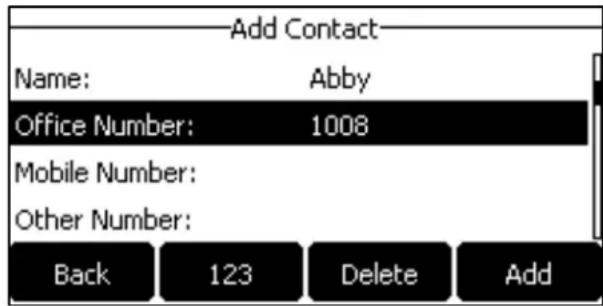 Add Contact Name: Abby Office Number: 1008 Mobile Number: Other Number: Back 123 Delete Add