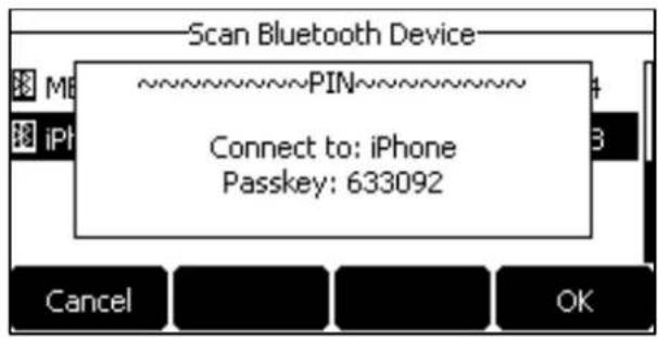 Scan Bluetooth Device ~~~~~~~PIN~~~~~~~ Connect to: iPhone Passkey: 633092 Cancel OK
