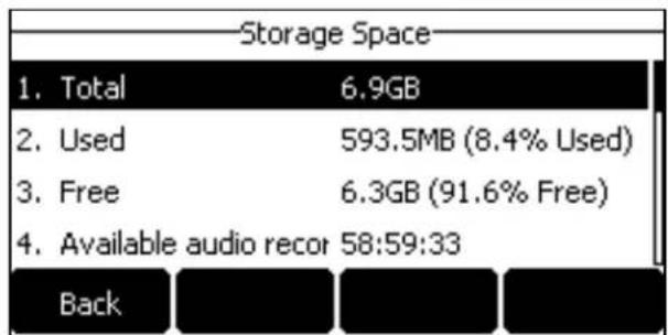 Storage Space 1. Total 6.9GB 2. Used 593.5MB (8.4% Used) 3. Free 6.3GB (91.6% Free) 4. Available audio recor 58:59:33 Back