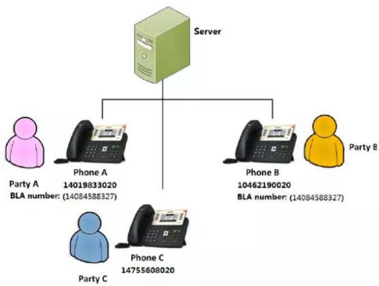 graph TD Server["Server"] --> PhoneA["Phone A 14019833020 BLA number: (14084588327)"] Server --> PhoneB["Phone B 10462190020 BLA number: (14084588327)"] Server --> PhoneC["Phone C 14755608020"] PhoneA --> PartyA["Party A"] PhoneB --> PartyB["Party B"] PhoneC --> PartyC["Party C"]