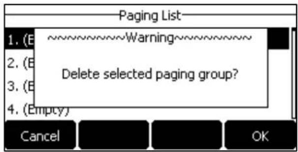 Paging List 1. (B~~~~~~Warning~~~~~~ 2. (B 3. (B 4. (Empty) Delete selected paging group? Cancel OK