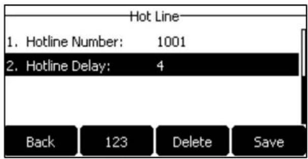 Hot Line 1. Hotline Number: 1001 2. Hotline Delay: 4 Back 123 Delete Save
