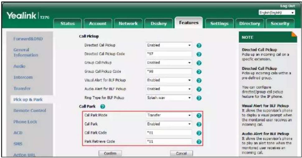 Yealink T276 Log Out English(English) Status Account Network Doskey Features Settings Directory Security Forward&.DND General Information Audio Intercom Transfer Pick up & Park Remote Control Phone Lock ACD SMS Action URL Call Pickup Directed Call Pickup Enabled ? Directed Call Pickup Code *97 ? Gro…