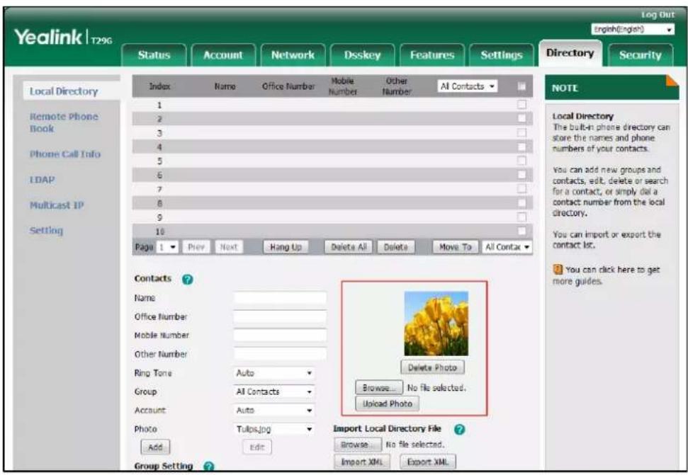 Yealink | T29G Log Out English(English) Index Name Office Number Mobile Other All Contacts 1 2 3 4 5 6 7 8 9 10 Page 1 Prev Next Hang Up Delete All Delete Move To All Contact Contacts ? Name Office Number Mobile Number Other Number Ring Tone Auto Group All Contacts Account Auto Photo Tulips.jpg Add…
