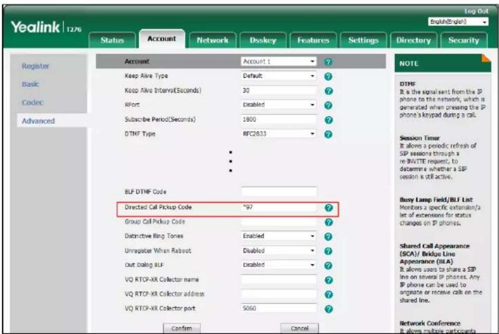Yealink | 1276 Log Out English(English) Status Account Network Dsskey Features Settings Directory Security Register Basic Codec Advanced Account Account 1 Keep Alive Type Default Keep Alive Interval(Seconds) 30 RPort Disabled Subscribe Period(Seconds) 1800 DTMF Type RFC2833 BLF DTMF Code Directed Ca…