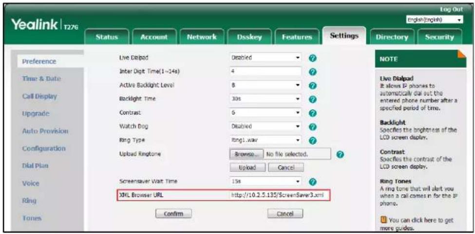 Yealink T276 Log Out English(English) Status Account Network Dsskey Features Settings Directory Security Preference Live Dialpad Disabled ? Time & Date Inter Digit Time(1~14s) 4 ? Call Display Active Backlight Level 8 ? Upgrade Backlight Time 30s ? Auto Provision Contrast 6 ? Configuration Watch Dog…