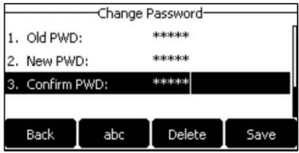 Change Password 1. Old PWD: ****** 2. New PWD: ****** 3. Confirm PWD: ****** Back abc Delete Save