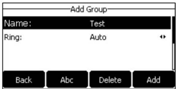 Add Group Name: Test Ring: Auto Back Abc Delete Add