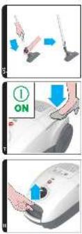Instructional diagram showing three steps of cleaning a surface using a brush, with arrows and an 'ON' button indicating action.