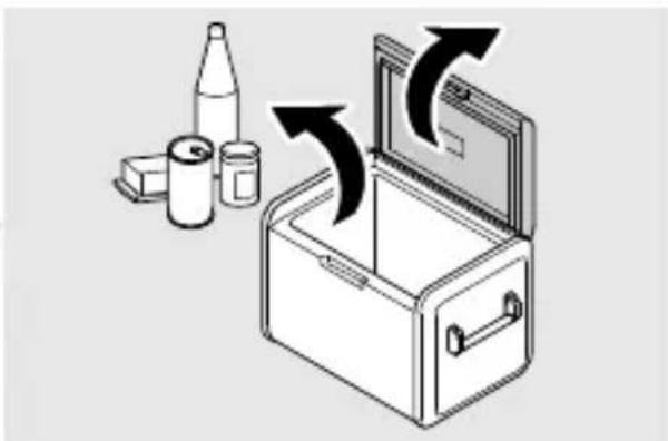 Illustration of a closed storage box with arrows indicating rotation or movement, accompanied by containers and a bottle (no text or symbols).