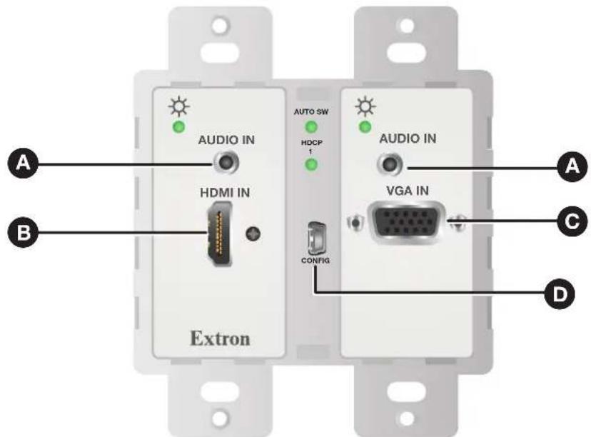 AUDIO IN HDMI IN Extron AUTO SW HDCP CONFIG AUDIO IN VGA IN A B C D