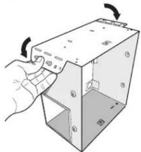 Hand inserting a component into a 3D box with arrows indicating rotation (no text or symbols)