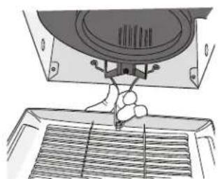 Technical line drawing of a mechanical assembly with a component inserted into a grating (no text or symbols)