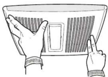 Illustration of two hands inserting a fan into a device (no text or symbols)