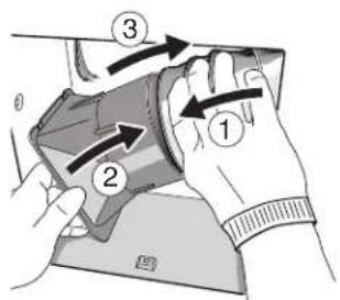 Diagram showing hand positioning of a device with numbered arrows indicating movement or positioning steps