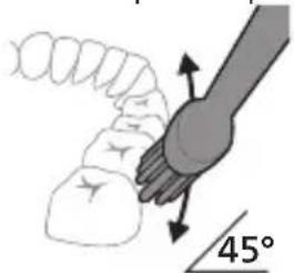 Diagram showing a hand holding a small object with directional arrows, labeled '45°' (no text or symbols on the object itself)