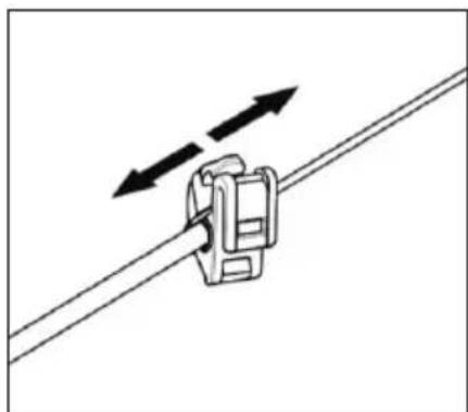 Diagram of a cable clamp securing a wire with two opposing arrows indicating direction (no text or symbols)