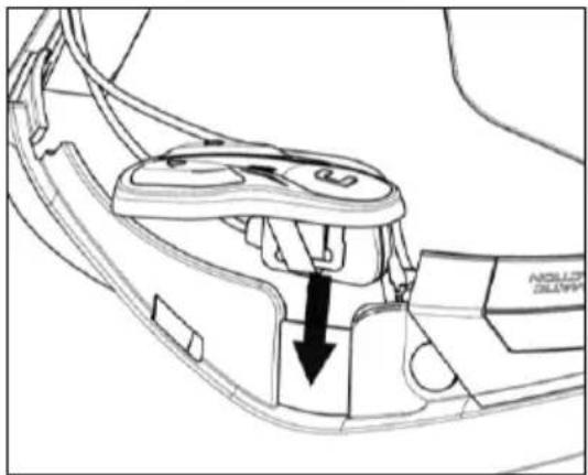 Line drawing of a car interior showing a handle and seat with a black arrow indicating a specific component (no text or symbols present)