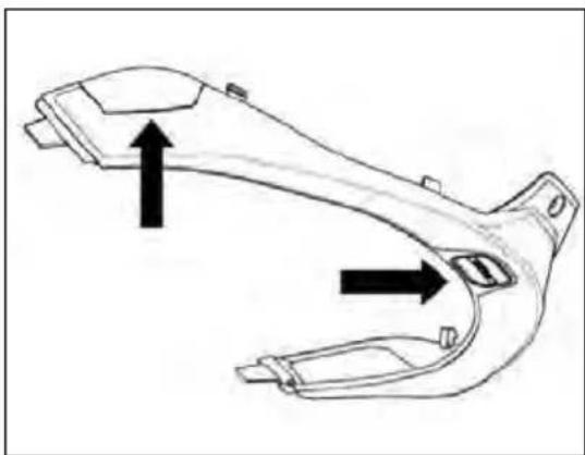 Technical line drawing of a mechanical bracket with two directional arrows indicating movement or force (no text or symbols present)