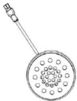 Line drawing of a circular object with evenly spaced dots and a handle, resembling a dropper or filter (no text or symbols)