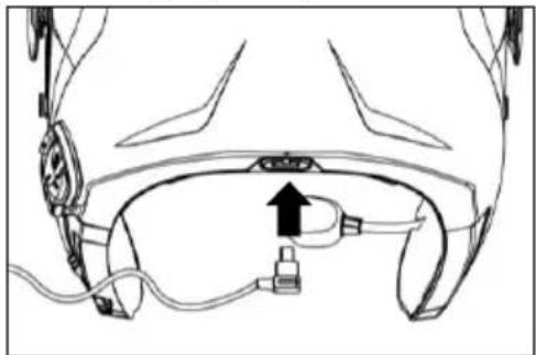 Diagram of a helmet with attached sensors and a central connector (no text or symbols)