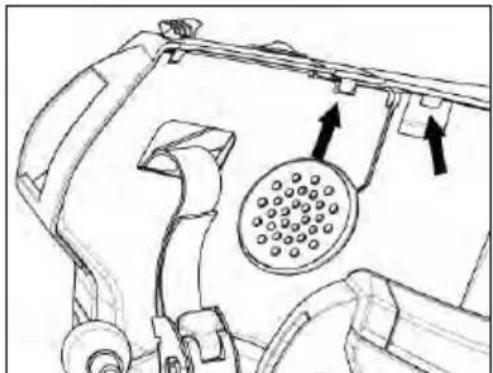 Technical line drawing of a mechanical component with a circular component and directional arrows (no text or symbols)