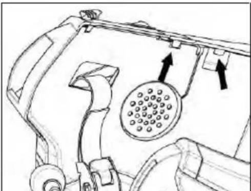 Technical line drawing of a mechanical component with a circular component and directional arrows (no text or symbols)