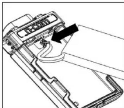 Technical line drawing of a device casing with internal components and a black arrow indicating a component (no text or symbols present)