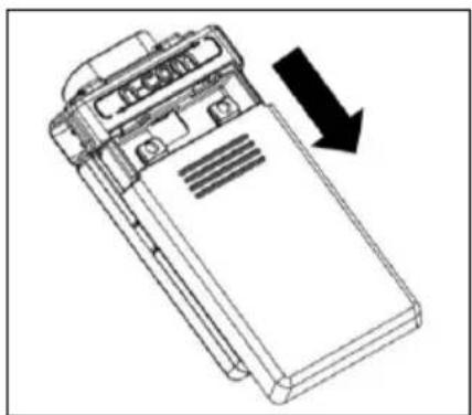 Line drawing of a device casing with an arrow indicating downward motion (no text or symbols)