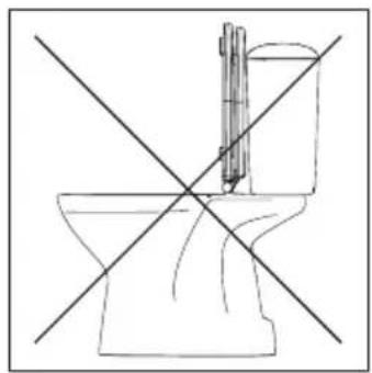 Line drawing of a toilet with a double-headed arrow indicating crossed-out space (no text or symbols)