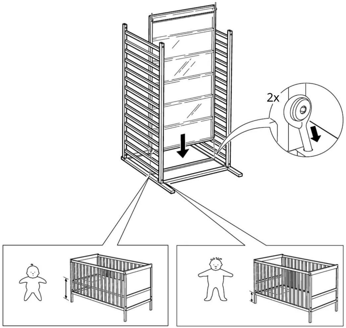 Diagram illustrating a baby's bed structure with 2x height measurement and child positioning, including zoomed-in details.
