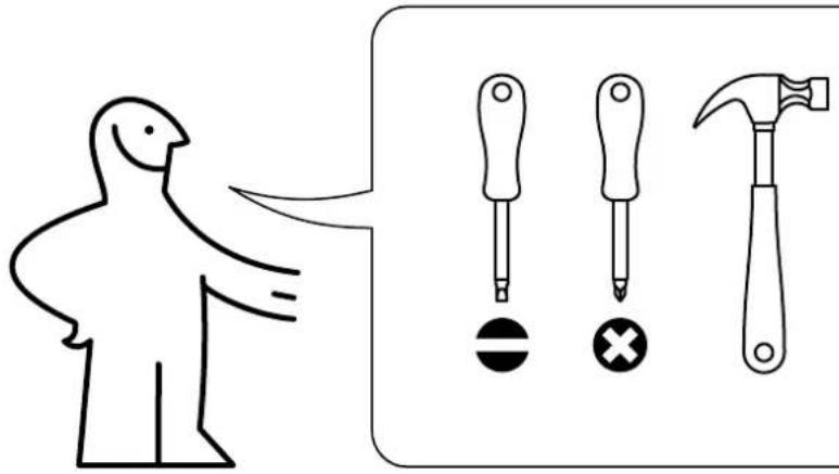 Illustration showing a person pointing to three different types of screwdrivers: a hammer, a screwdriver with a circle, and a cross.