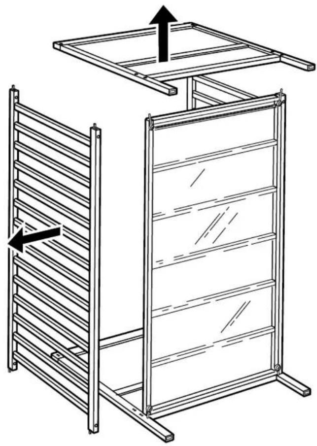Technical line drawing of a modular shelving unit with two tiers and an upper frame, showing structural details (no text or symbols)