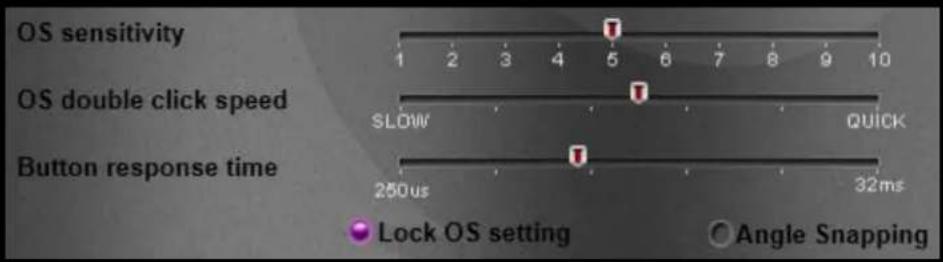 OS sensitivity 1 2 3 4 5 6 7 8 9 10 OS double click speed SLOW QUICK Button response time 250us 32ms Lock OS setting Angle Snapping