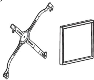 Technical line drawing of a four-blade mechanical component next to a blank rectangular panel (no text or symbols)