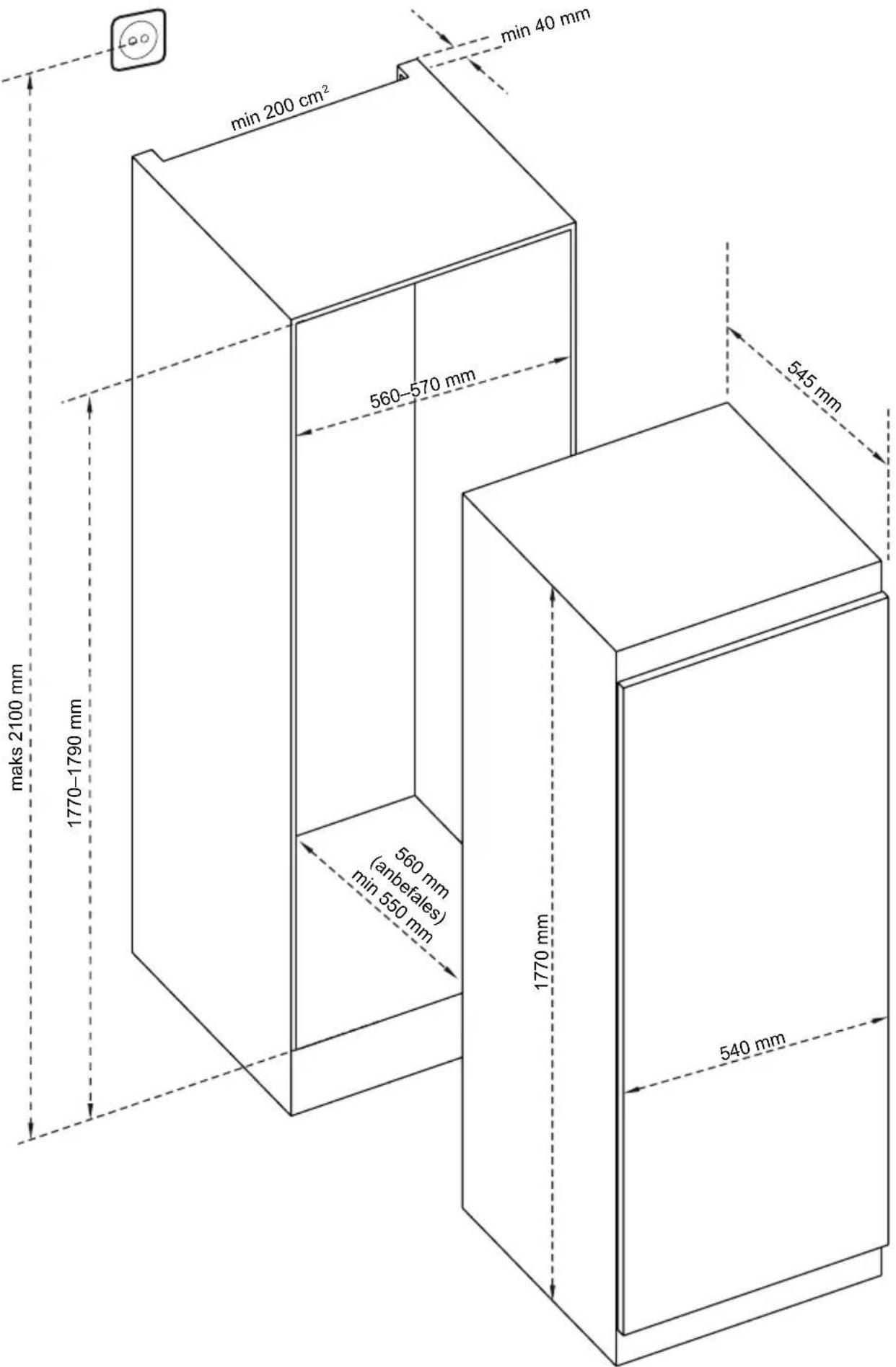 maks 2100 mm 1770–1790 mm min 200 cm² 560–570 mm min 40 mm 1770 mm 540 mm 565 mm