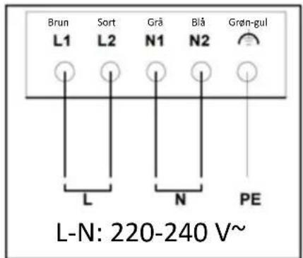 Brun L1 Sort L2 Grå N1 Blå N2 Grøn-gul L-N: 220-240 V~ L N PE