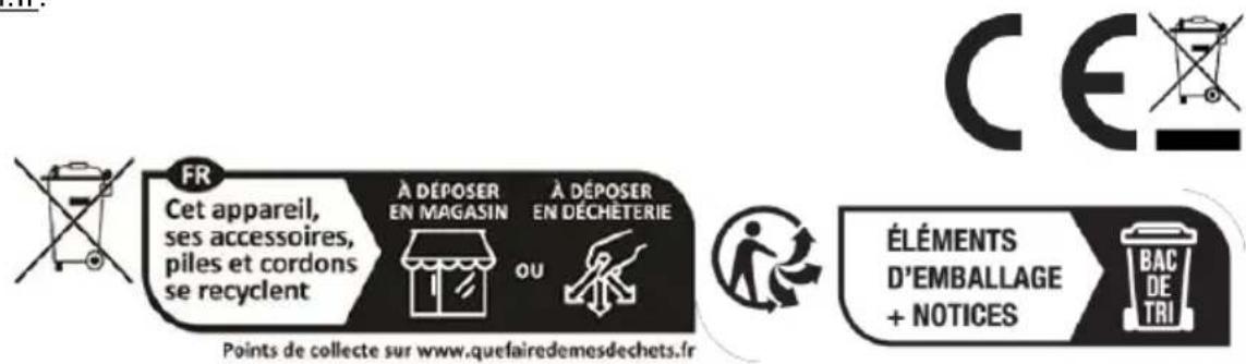 FR Cet appareil, ses accessoires, piles et cordons se recyclent À DÉPOSER EN MAGASIN À DÉPOSER EN DÉCHÈTERIE OU Points de collecte sur www.quefairedemesdechets.fr ÉLÉMENTS D'EMBALLAGE + NOTICES BAC DE TRI