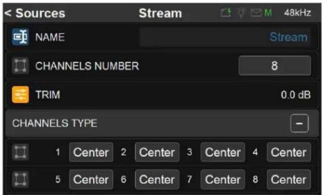 < Sources Stream 48kHz NAME Stream CHANNELS NUMBER 8 TRIM 0.0 dB CHANNELS TYPE 1 Center 2 Center 3 Center 4 Center 5 Center 6 Center 7 Center 8 Center