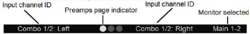 Input channel ID Preamps page indicator Input channel ID Monitor selected Combo 1/2: Left Combo 1/2: Right Main 1-2
