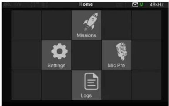 Home M 48kHz Missions Settings Mic Pre Logs