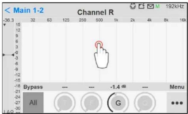 < Main 1-2 Channel R 36.3 32 63 125 250 500 1k 2k 4k 8k 16k 15 12 9 6 3 0 -3 -6 -9 -12 -15 -18 -21 -24 -27 -30 Bypass --- --- -1.4 dB --- Menu All T F G O ...