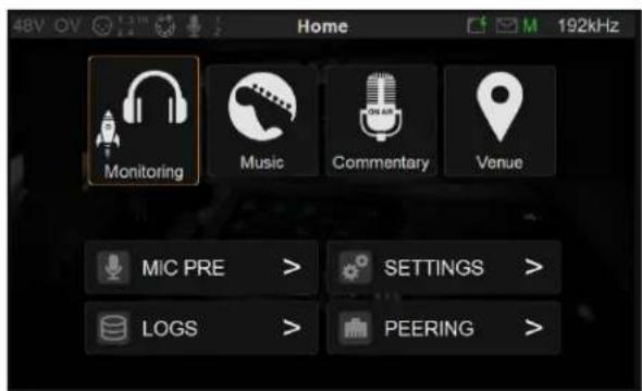 48V OV Home 192kHz Monitoring Music Commentary Venue MIC PRE > SETTINGS > LOGS > PEERING >
